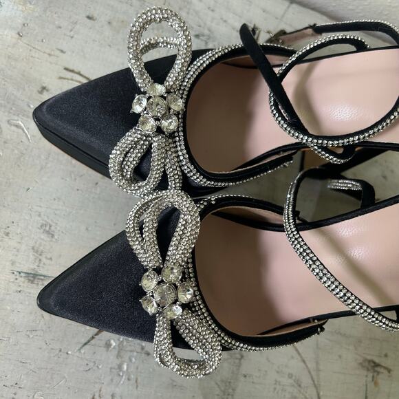 New Platform high heel almond toe ankle wrap around rhinestone bow satin 5.5 - Picture 15 of 16